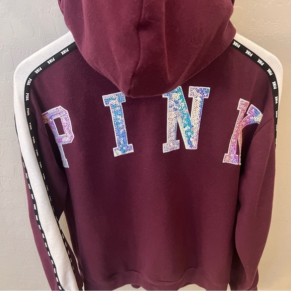 Sequinned Pink Victoria’s Secret full zip jacket, faux fur lined hood, graphic M - Picture 9 of 16